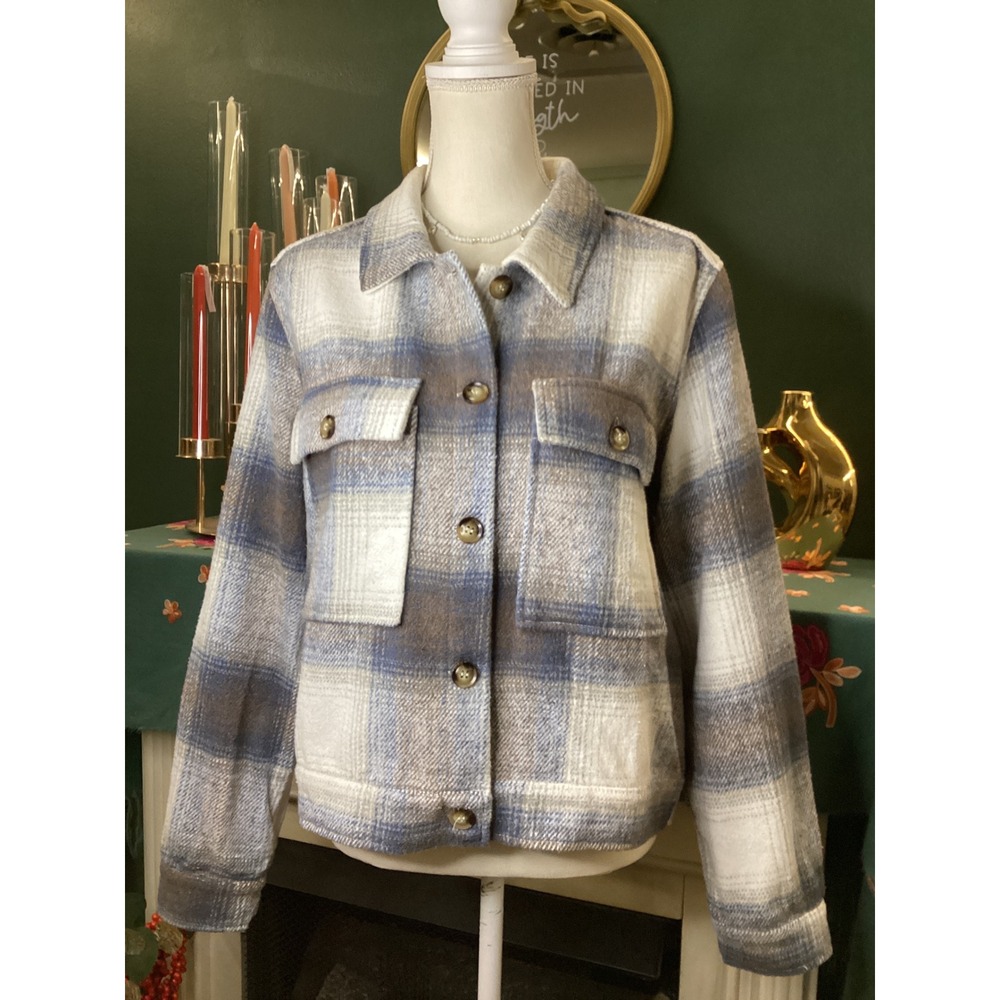 Umgee USA‎ Blue Brown Plaid Flannel Shacket Jacket Womens Medium K5038